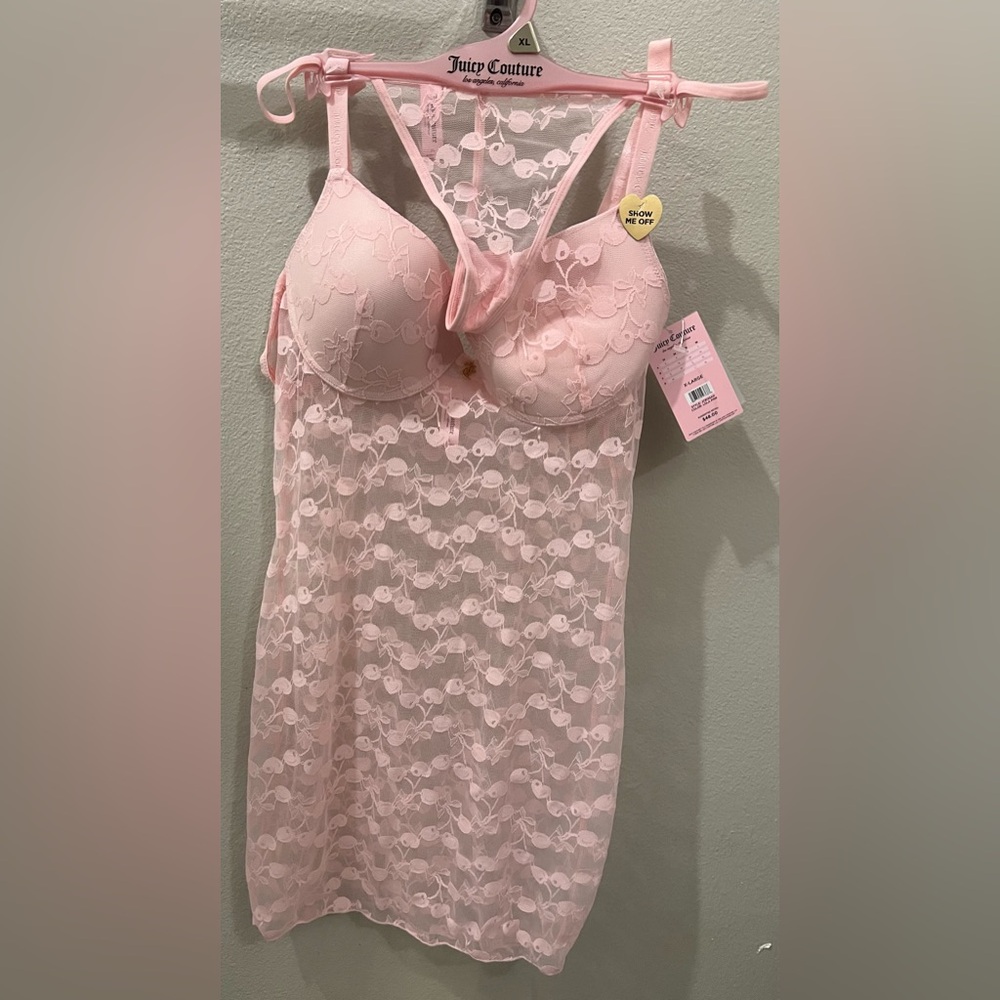Juicy couture pink cherry CHEMISE / slip dress lingerie matching G string XL